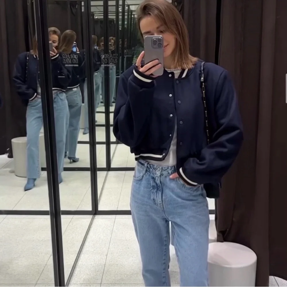 Zara Dark Blue Bomber Jacket with White Details - Picture 5 of 9